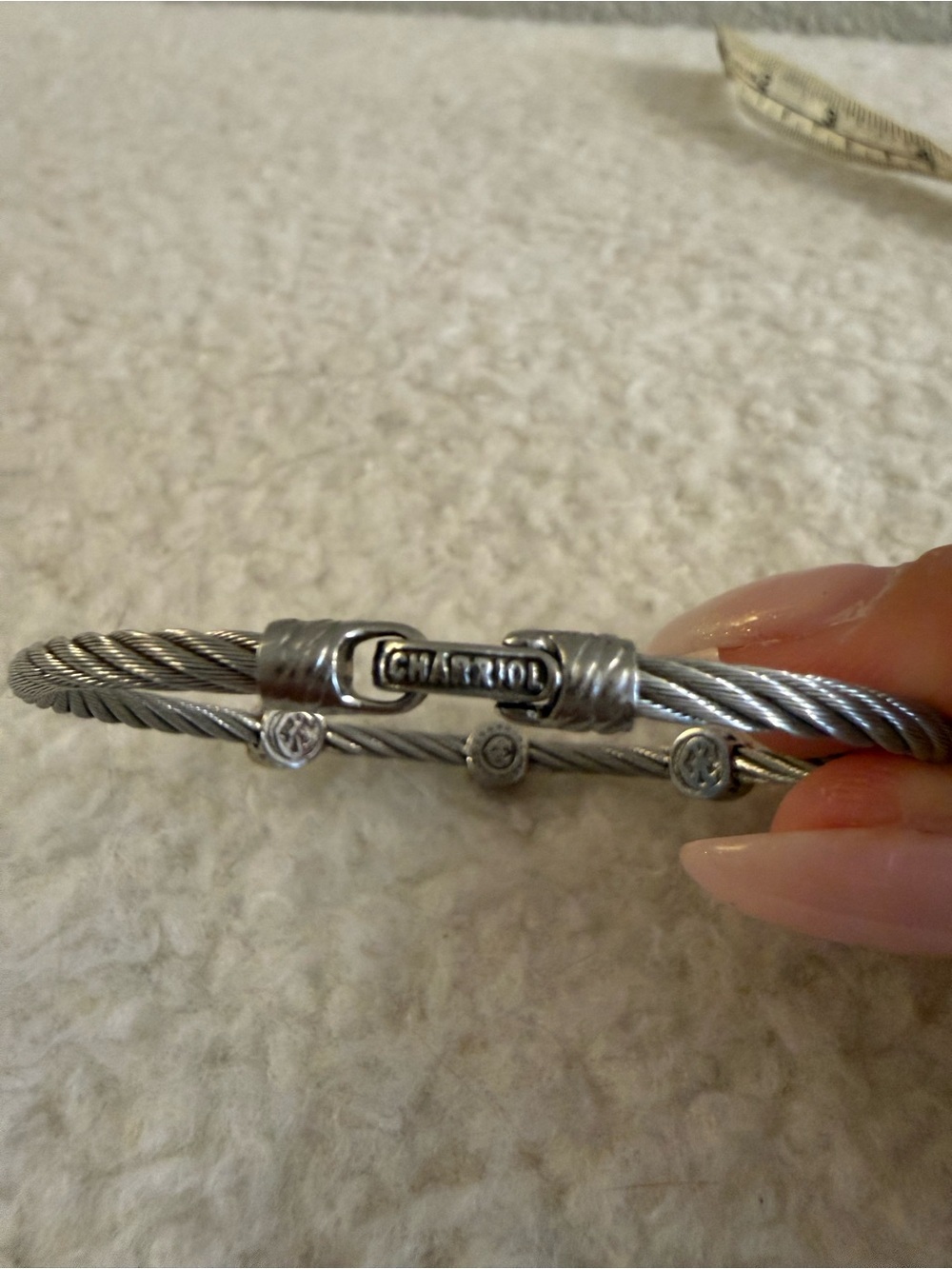 Charriol 3 Station Steel Cable Bangle Bracelet with Faceted White Topaz - Picture 2 of 7